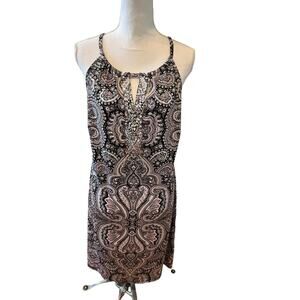 INC International Concepts Casual Summer Sun Dress Black Ikat Print L